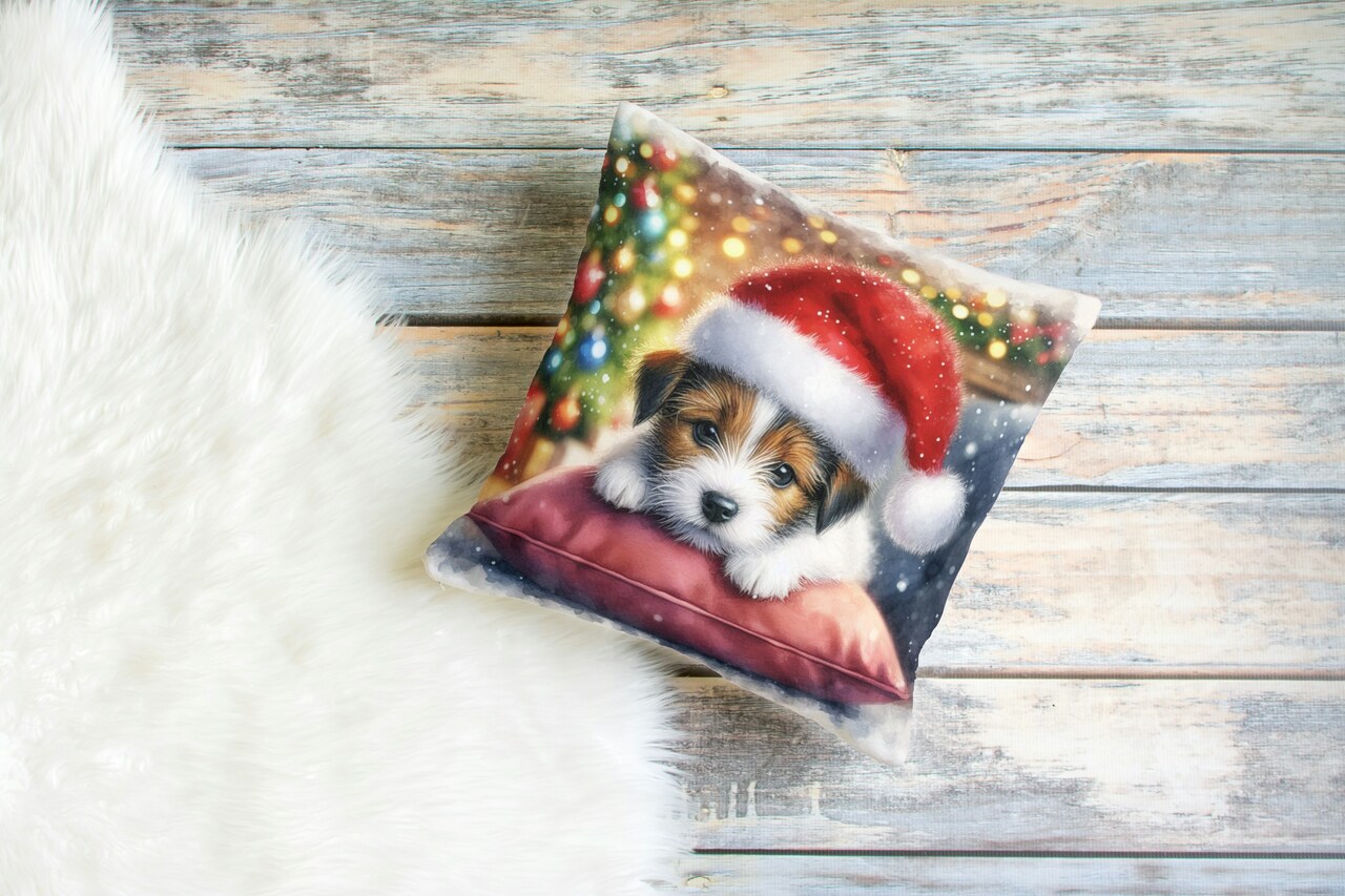 Poduszka Welwetowa Świąteczna Szczeniak Jack Russell w Czapce Mikołaja – Dekoracyjna