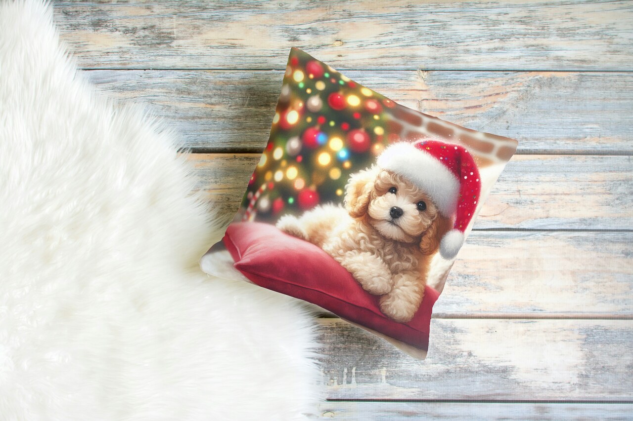 Świąteczna Poduszka Welwetowa Puszysty Szczeniak Cavapoo / Maltipoo – Prezent na Mikołajki i Święta