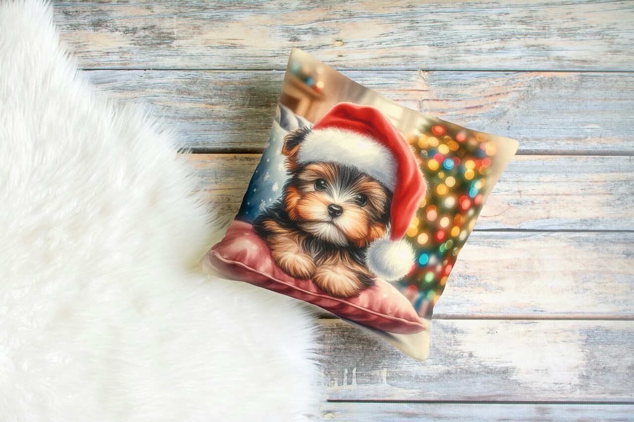 Świąteczna Poduszka Welwetowa Szczeniak Yorkshire Terrier – Prezent na Mikołajki i Święta