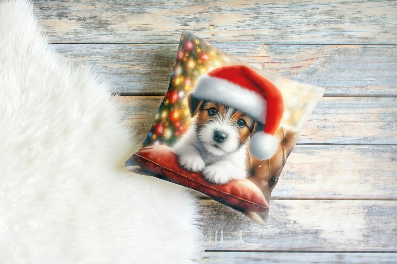 Świąteczna Poduszka Welwetowa Szczeniak Jack Russell Terrier – Prezent na Mikołajki i Święta
